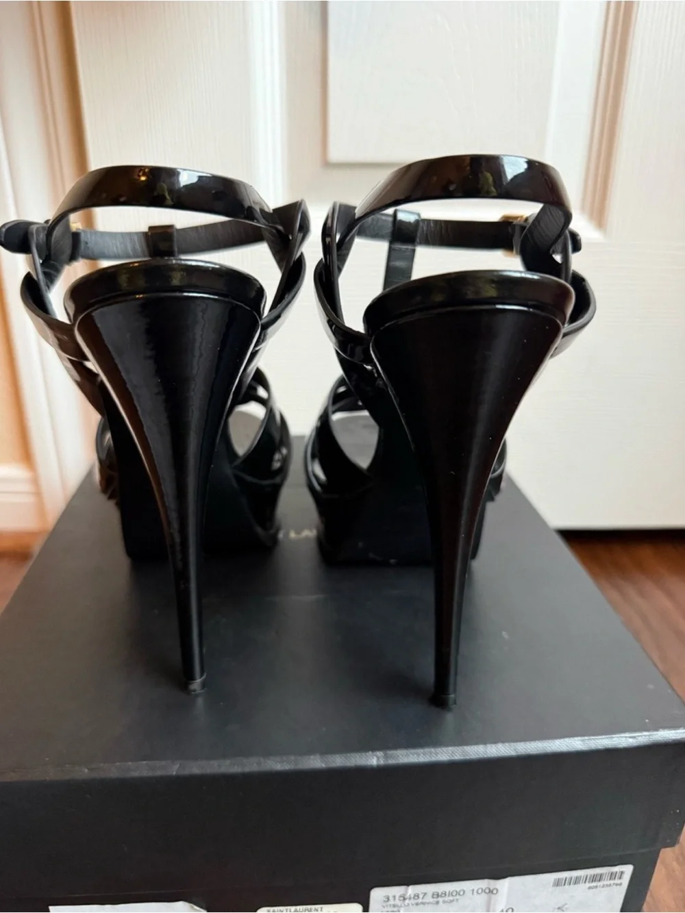 Saint Laurent Tribute 105 Icon Black Patent Leather Platform Heels Sandals